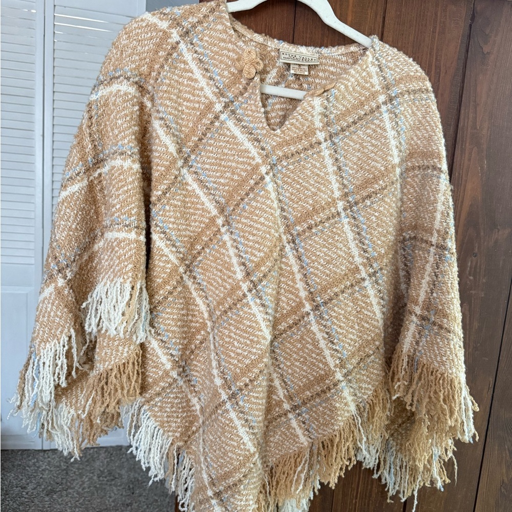 Chic Tan Plaid Fringe Poncho made in Ireland